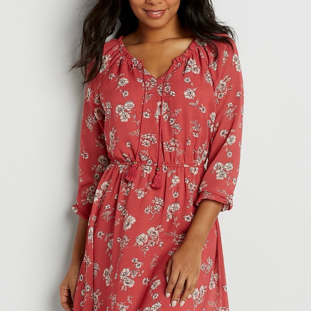 Plus size peasant dress in  earth red floral print